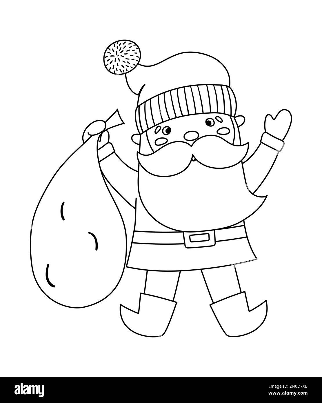 Vector schwarz-weißer Weihnachtsmann mit Sack. Süße Winter Vater Frost Illustration isoliert auf weißem Hintergrund. Figur für Weihnachten, Neujahr oder Stock Vektor