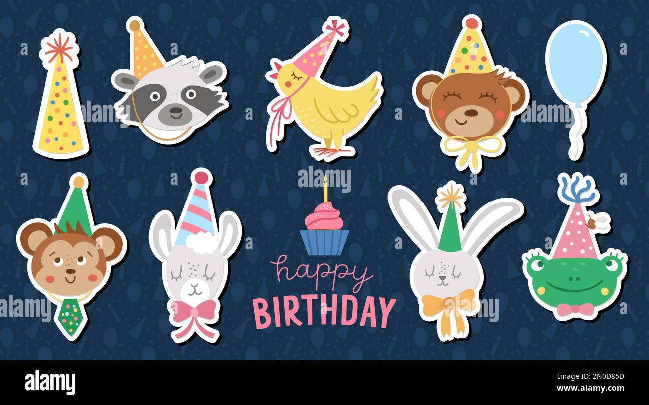 Set mit Vektoraufklebern mit niedlichen Tiergesichtern in Partyhüten. Happy birthday Avatars Kollektion. Lustige Weihnachtsfotos von Bär, Frosch, Lama, tabak Stock Vektor