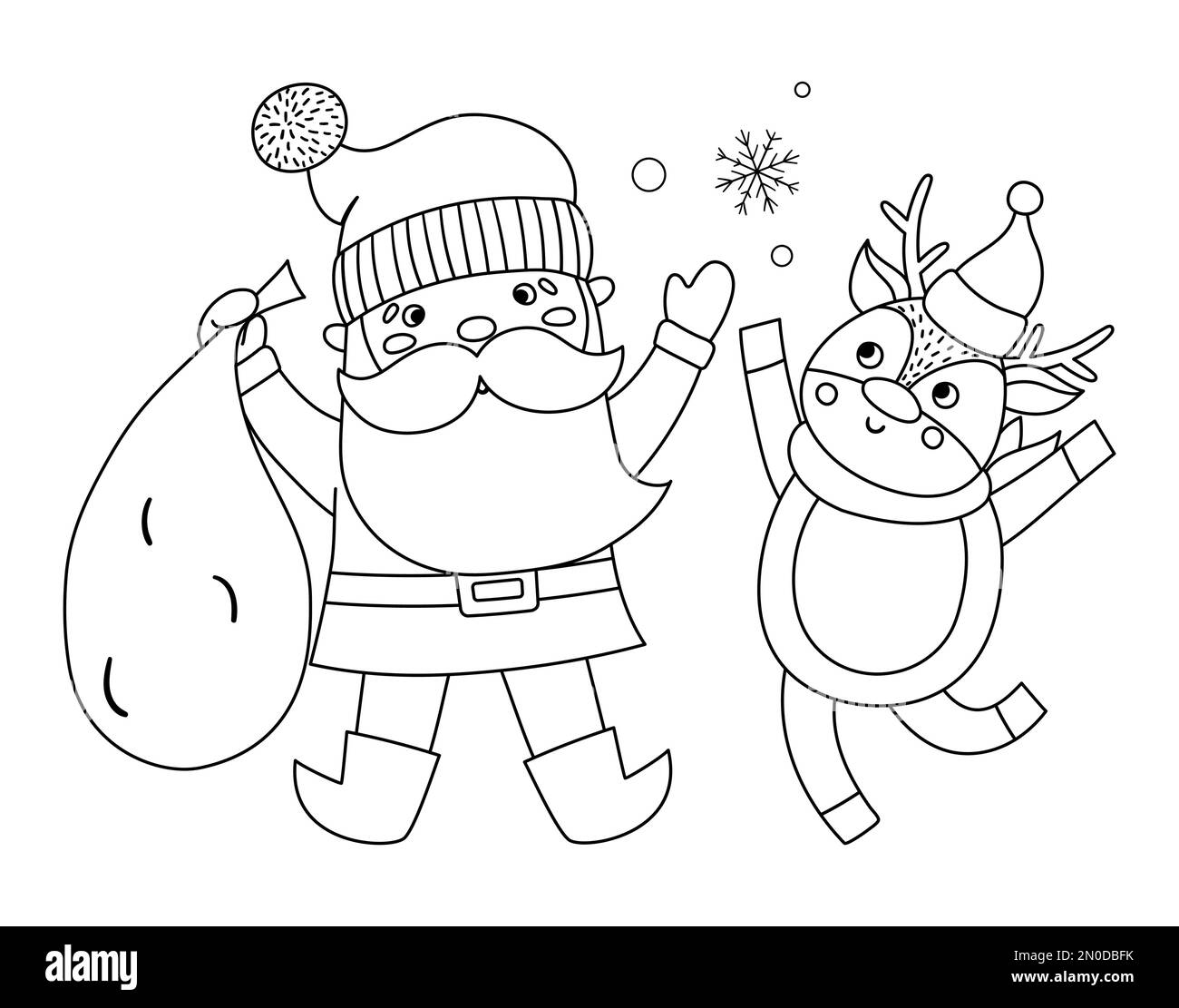 Vector schwarz-weißer Weihnachtsmann mit Sack, Hirsch und Schneeflocken. Süße Winter Vater Frost Illustration isoliert auf weißem Hintergrund. Zeichen für C Stock Vektor