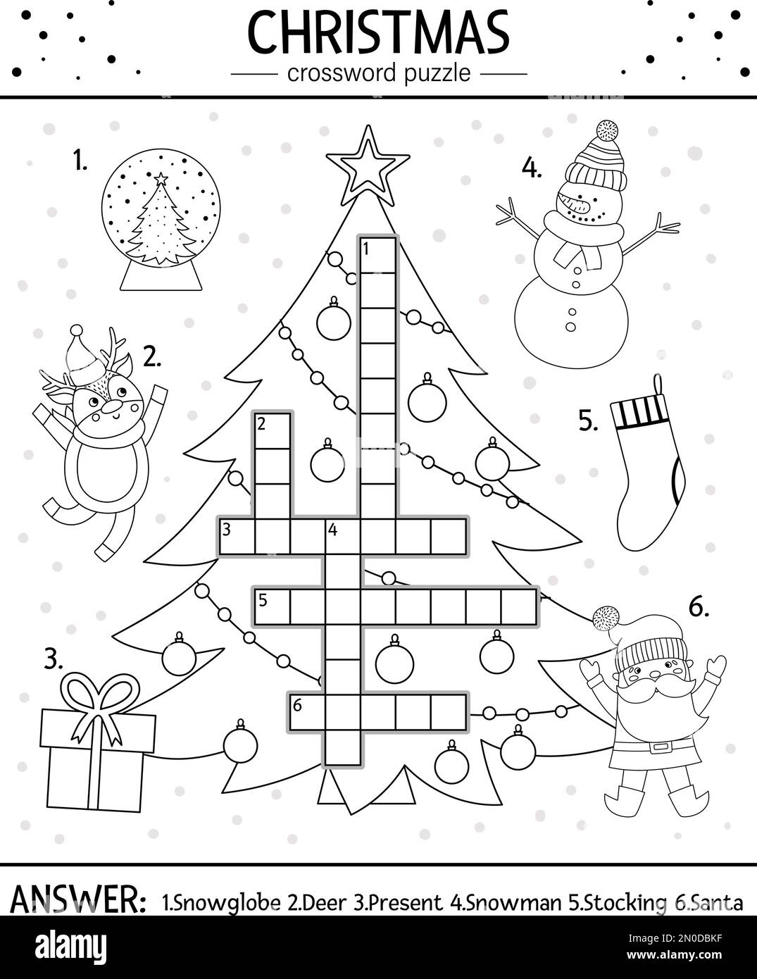 Vector Weihnachten Schwarzweiß Kreuzworträtsel für Kinder. Einfaches Quiz mit Winterferienobjekten für Kinder. Pädagogische Aktivität oder pag. Ausmalen Stock Vektor