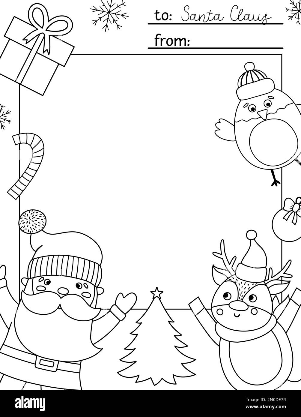 Vektor-Schwarzweiß-Briefvorlage für den Weihnachtsmann. Niedliches Weihnachtskartendesign. Winterliche Rahmengestaltung für Kinder mit lustigen Figuren. Festlicher Backgro Stock Vektor