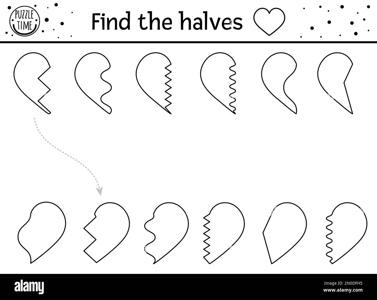 Passendes Schwarz-Weiß-Angebot für Kinder zum Valentinstag. Lustiges Puzzle mit Herzen. Lernspiel zur Feiertagsfeier, druckbarer Arbeitsauftrag Stock Vektor