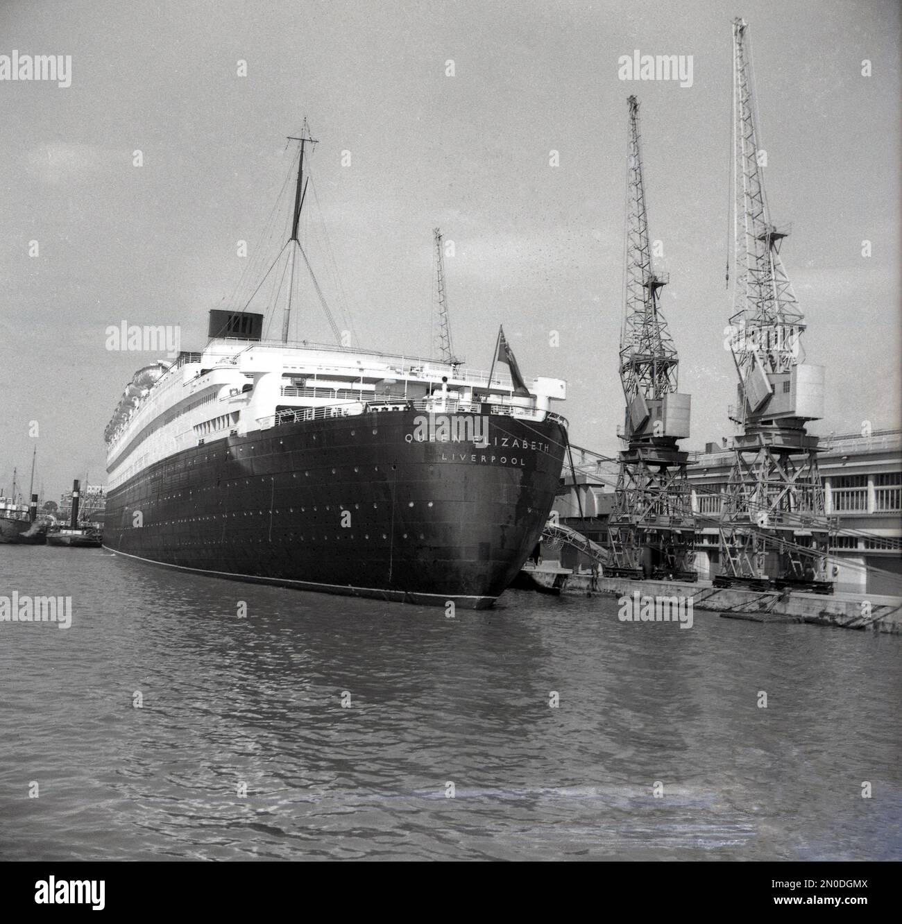 1950er, historisch, RMS Queen Elizabeth, vom Heck aus gesehen, das in den Docks in Southampton, Hampshire, England, Großbritannien, festgemacht ist. Das luxuriöse Seeschiff wird von der Cunard Line betrieben und segelte wöchentlich von Southampton, England, nach New York, USA, über Cherbourg in Frankreich. Erbaut von John Brown & Co auf dem Clyde in Schottland, wurde sie zu Ehren von Königin Elizabeth, später Königin Mutter, benannt. Als sie 1938 gestartet wurde, war sie das größte Passagierschiff, das je gebaut wurde, bis 1994. Stockfoto