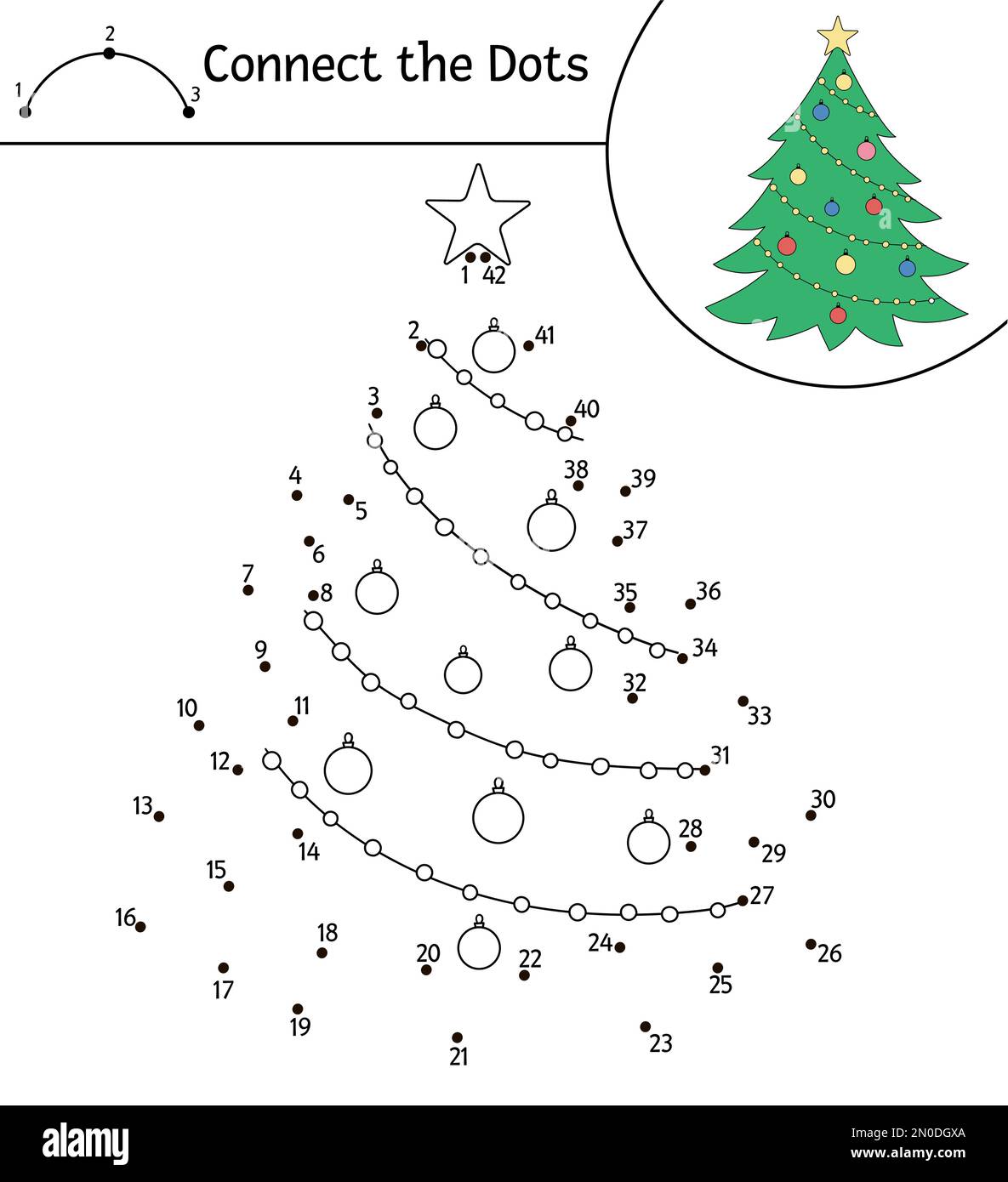 Vektor Weihnachten Punkt-zu-Punkt- und Farbintensität mit niedlichem Tannenbaum. Die Winterferien verbinden das Dots-Spiel für Kinder. Lustige Malseite für Kinder mit Witz Stock Vektor