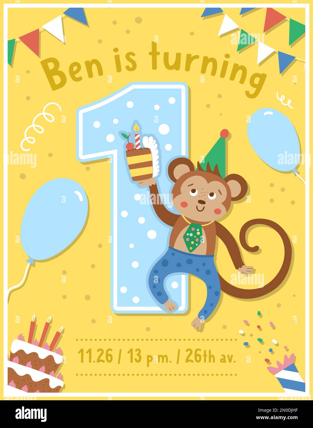 Geburtstagsparty Grußkartenvorlage mit niedlichem Affen. Hochzeitstag-Poster für Kinder. Fröhliche Urlaubsszene mit lustigem tropischen Charakter, Kuchen, Stock Vektor