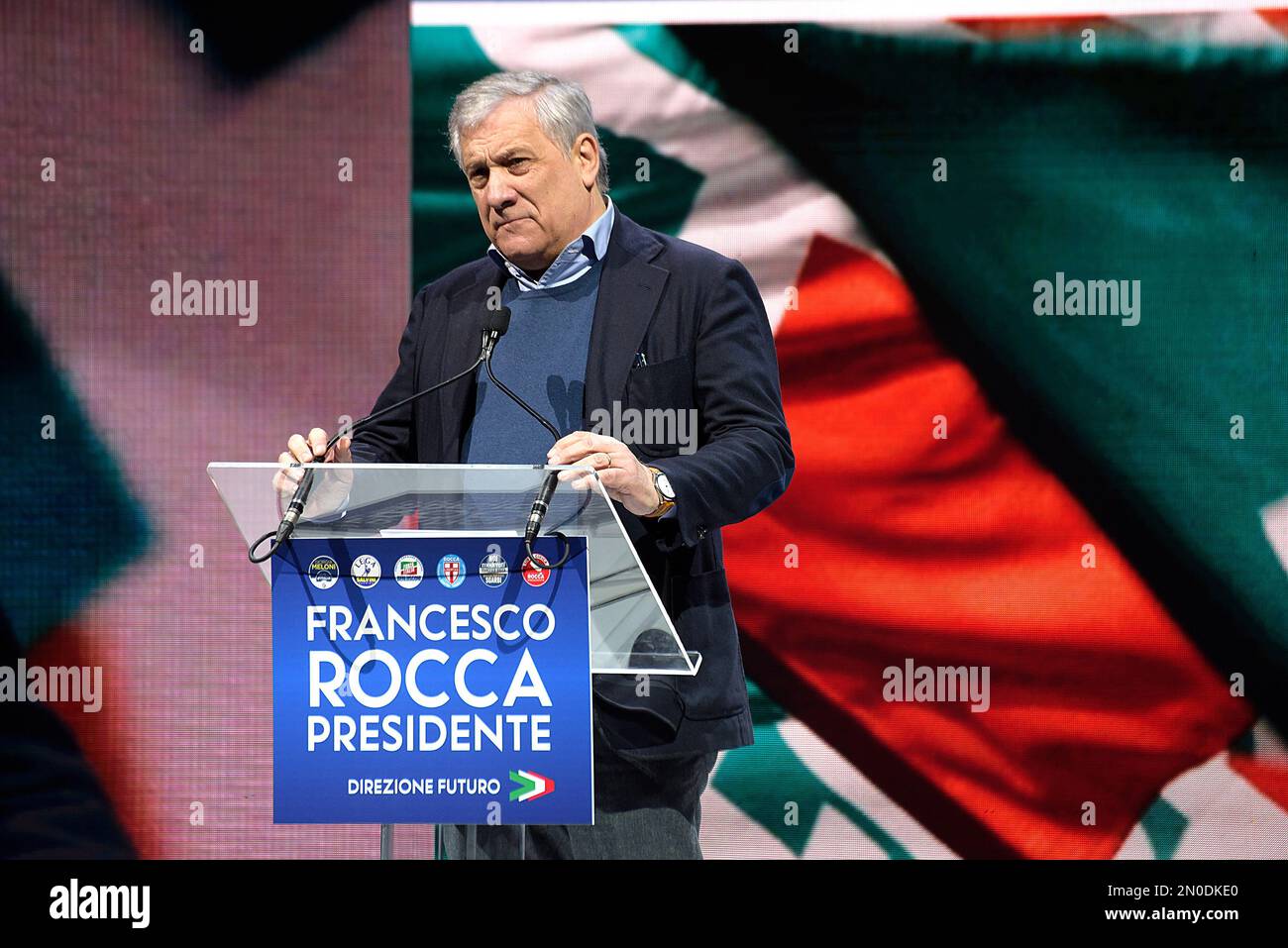 Antonio Tajani, Außenminister, spricht während der Veranstaltung zur Unterstützung des Kandidaten der rechten Koalition für die Präsidentschaft der Region Latium, Francesco Rocca. Am 12. Und 13. Februar 2023 stimmen wir für die Wahl des Präsidenten der Region Latium und des Regionalrats. Stockfoto
