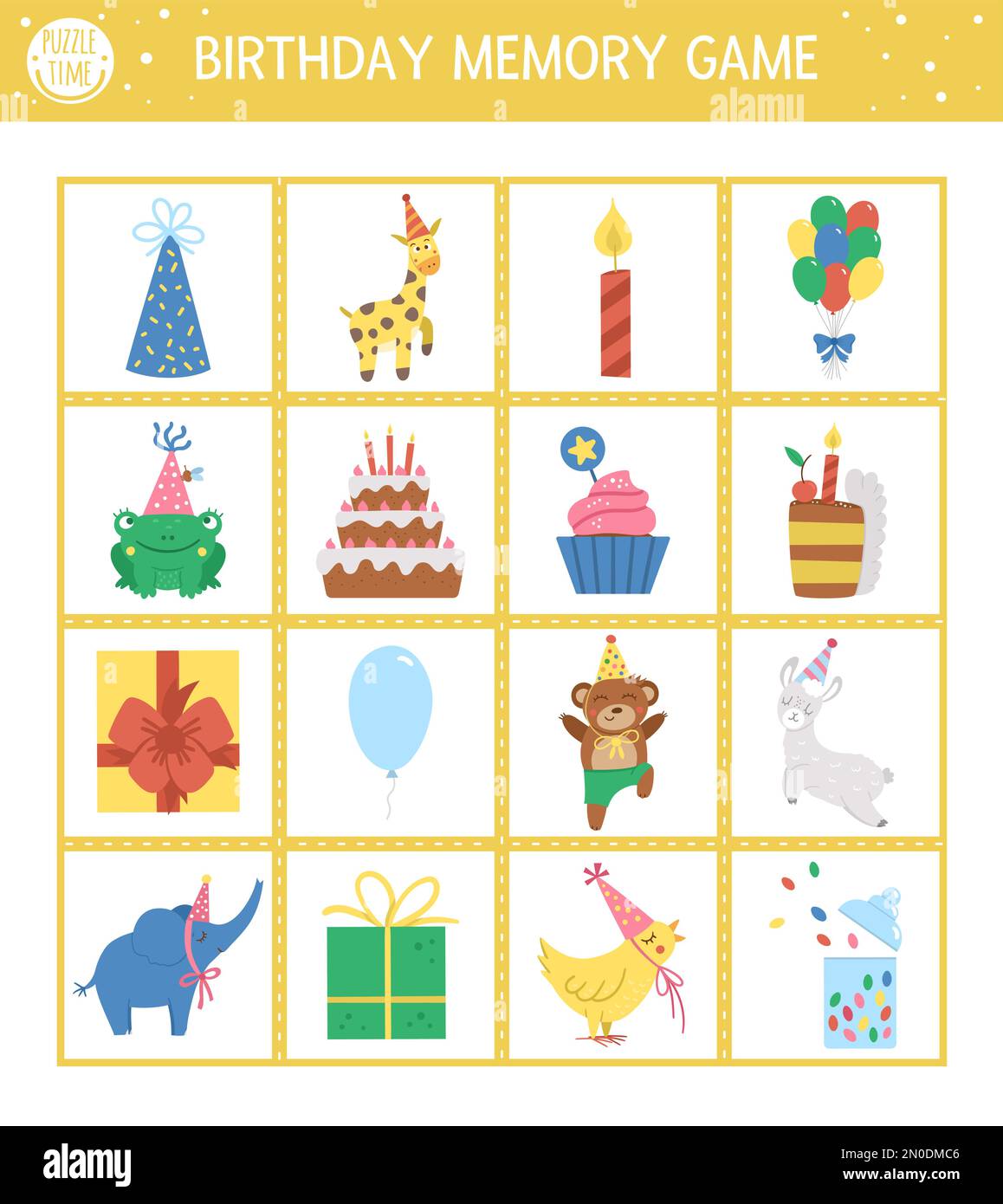 Vektor-Geburtstagskarten mit traditionellen Feiertagssymbolen. Passende Aktivität zu lustigen Charakteren. Denken Sie daran und finden Sie die richtige Karte. Einfaches fe Stock Vektor