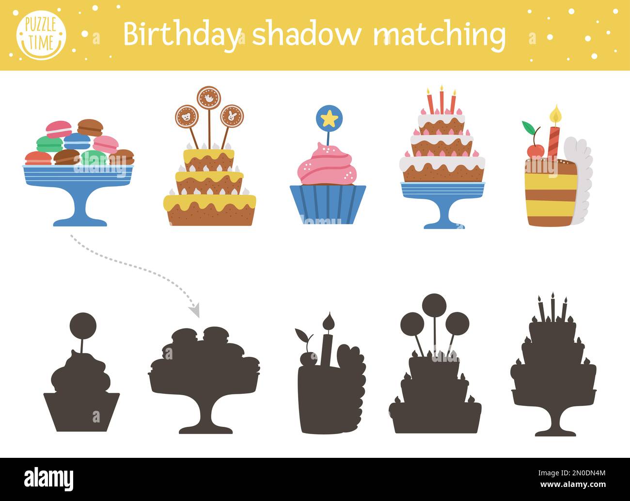 Geburtstagsschattenspiel für Kinder. Lustiges Puzzle mit süßen Party-Desserts. Pädagogisches Spiel zur Weihnachtsfeier für Kinder mit Kuchen und Wein Stock Vektor