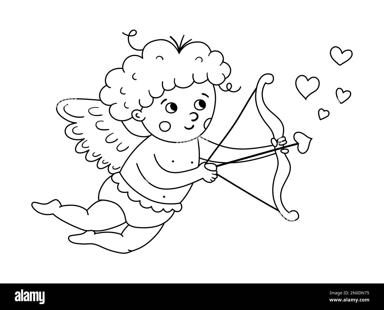 Vector Schwarzweiß-Amor-Schießerei aus dem Bogen mit Pfeil. Lustige Valentinstagsfigur. Fliegender Liebesengel mit gespreizten Flügeln. Verspielte Engel, Linie 1 Stock Vektor
