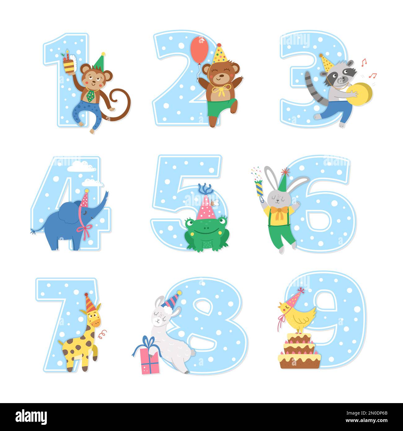 Geburtstagsparty-Nummern mit niedlichen Tieren. Jubiläumskarten-Vorlagen für Kinder. Hellblaue Urlaubsszene mit lustigem Wald und tropischem Cha Stock Vektor