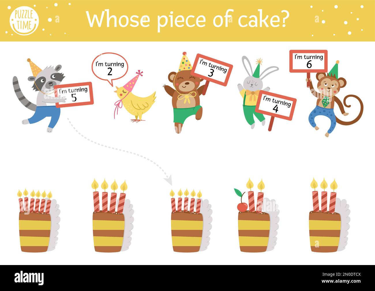 Geburtstagsgeschenk für Kinder. Lustiges Puzzle mit niedlichen Tieren in Partyhüten und Kuchen mit Kerzen. Weihnachtsfeier, pädagogisches Spiel, prin Stock Vektor