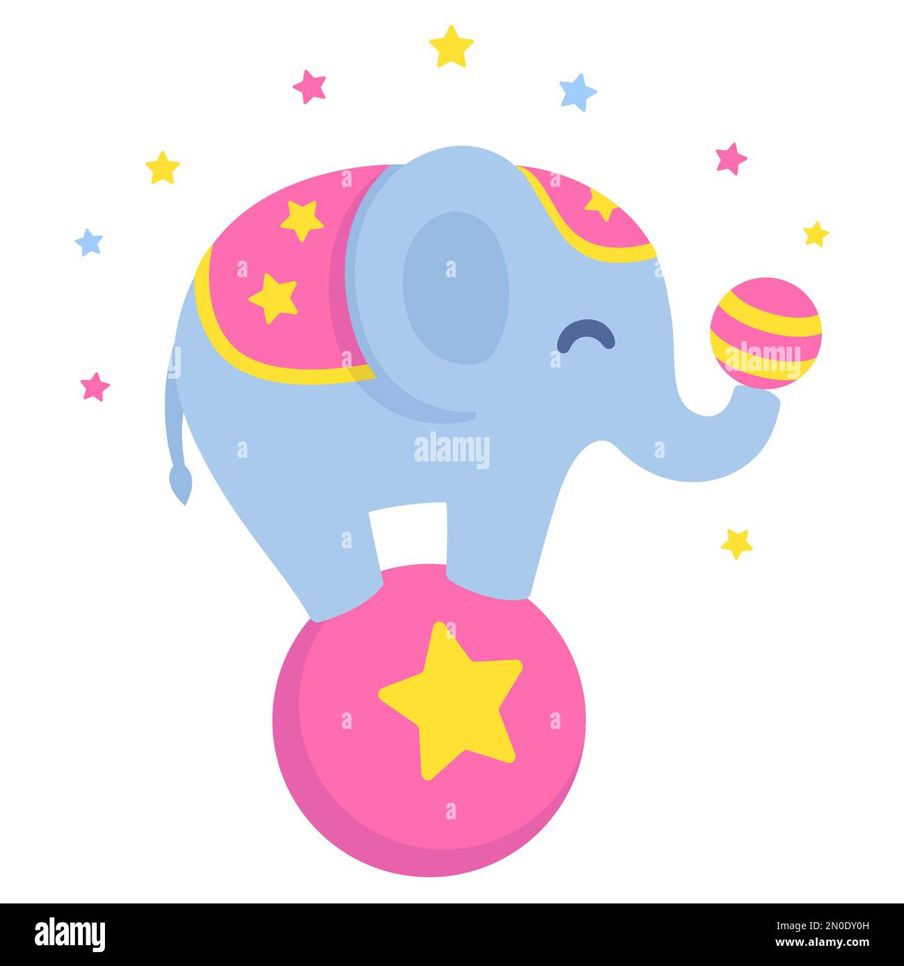 Ein Zirkuselefant, der auf einem großen Ball balanciert und mit einem kleineren Ball jongliert. Niedliche und lustige ClipArt-Illustration im Vektorstil. Stock Vektor