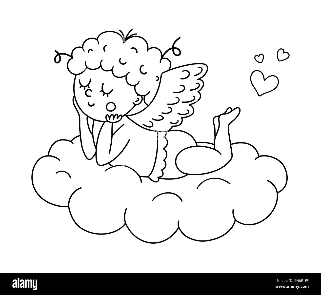 Vector schwarz-weiß Amor liegt auf einer Wolke und träumt. Lustige Valentinstagsfigur. Glücklicher Liebesengel mit gespreizten Flügeln. Verspielte Engel, Linie 1 Stock Vektor