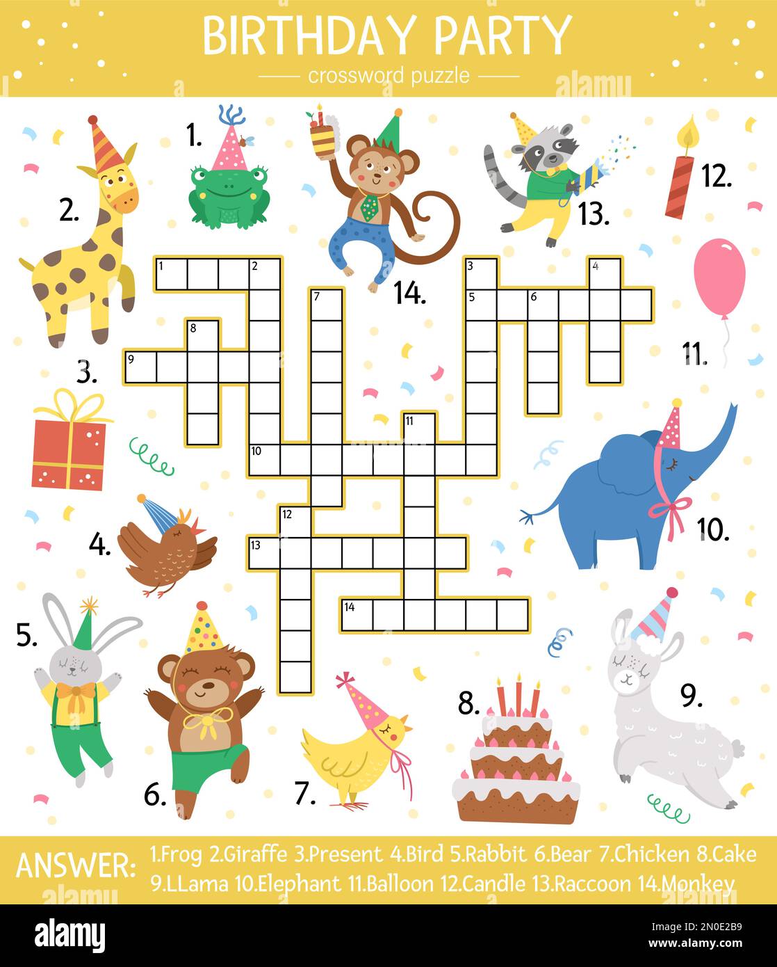 Vector Geburtstagsparty Kreuzworträtsel für Kinder. Einfaches Quiz mit Urlaubsgegenständen und Tieren für Kinder. Pädagogische Aktivität mit traditioneller Cele Stock Vektor
