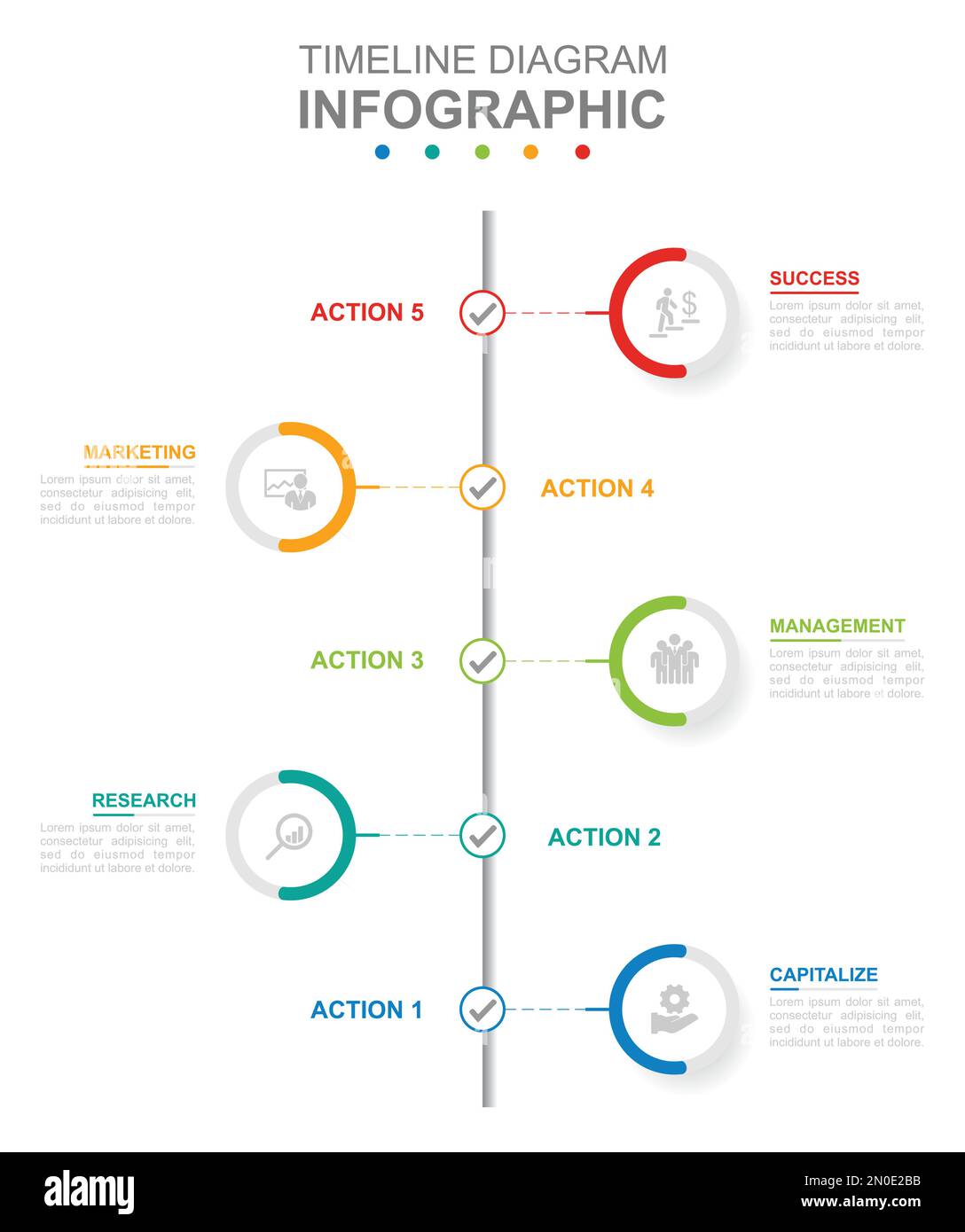 Infografik für Geschäftsvorlage. Moderner Kalender mit 5 Schritten und vertikalen Themen und Kreisen. Konzeptpräsentation. Stock Vektor