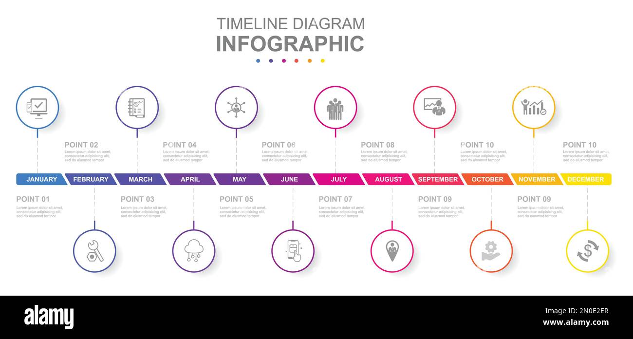 Infografik für Geschäftsvorlage. 12 Monate moderner Diagrammkalender mit Zeitleiste und Kreisen. Konzeptpräsentation. Stock Vektor