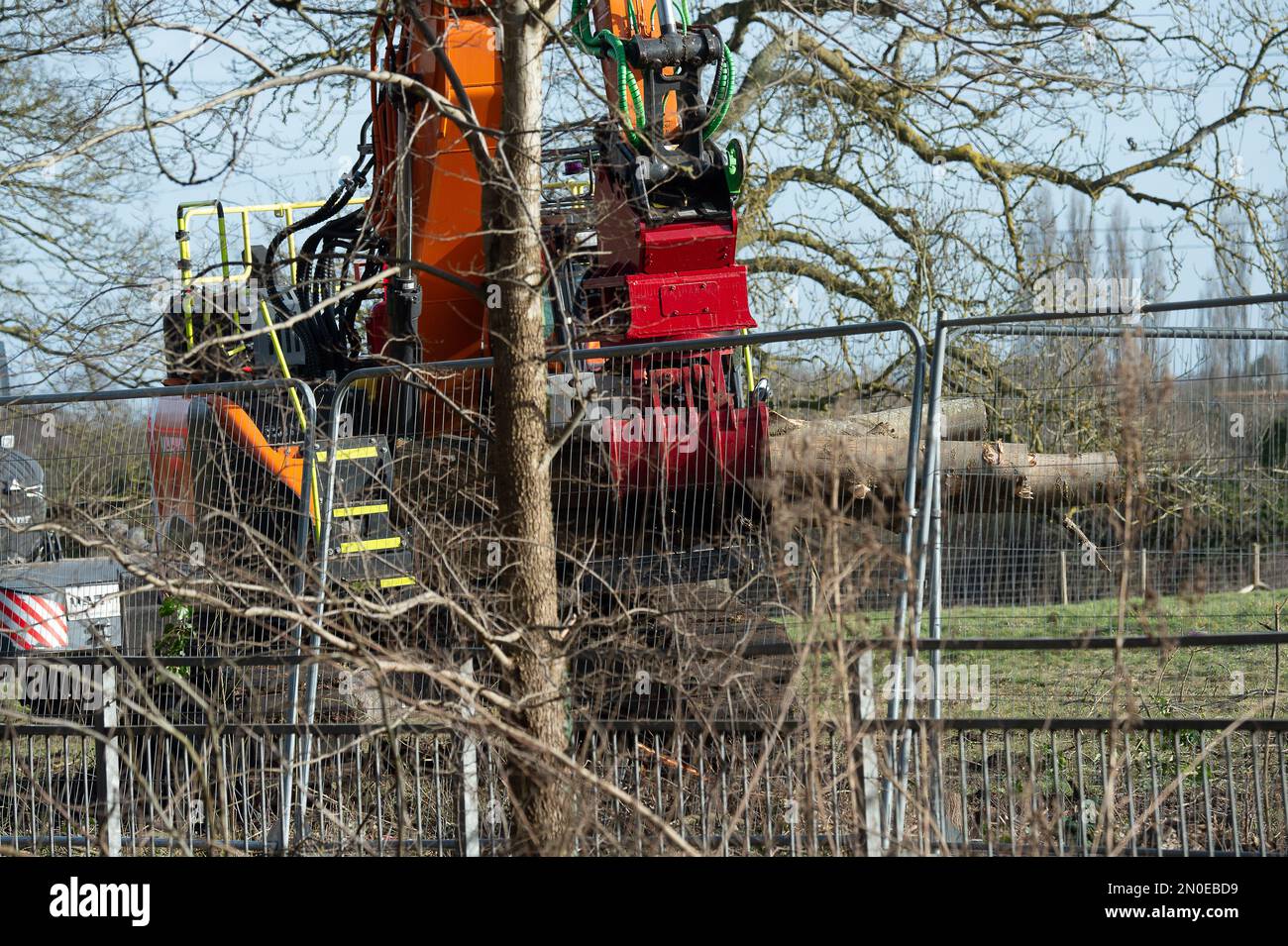 Hartwell, Aylesbury, Großbritannien. 5. Februar 2023. Ein Baumgreifer reißt Baumgliedmaßen ab. HS2 haben heute noch mehr Bäume gefällt, neben der A418 in Hartwell, Aylesbury. HS2 haben Tausende von Bäumen entlang der Strecke der Hochgeschwindigkeitsbahn 2 von London nach Birmingham zerstört. HS2 hat verheerende Auswirkungen auf die Lebensräume und Wälder der Tierwelt in Buckinghamshire. Kredit: Maureen McLean/Alamy Live News Stockfoto