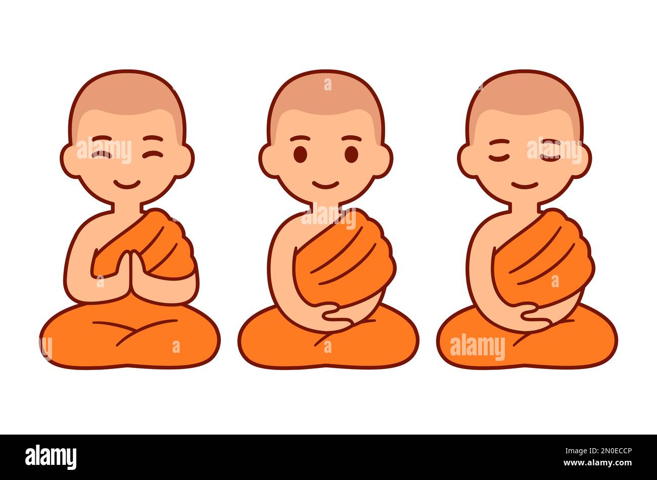 Cute cartoon Thai Jungen als Buddhistische Mönche in der Meditation zu sitzen. Kind novize Lehrling in Südostasien Theravada Buddhismus. Vector Abbildung. Stock Vektor