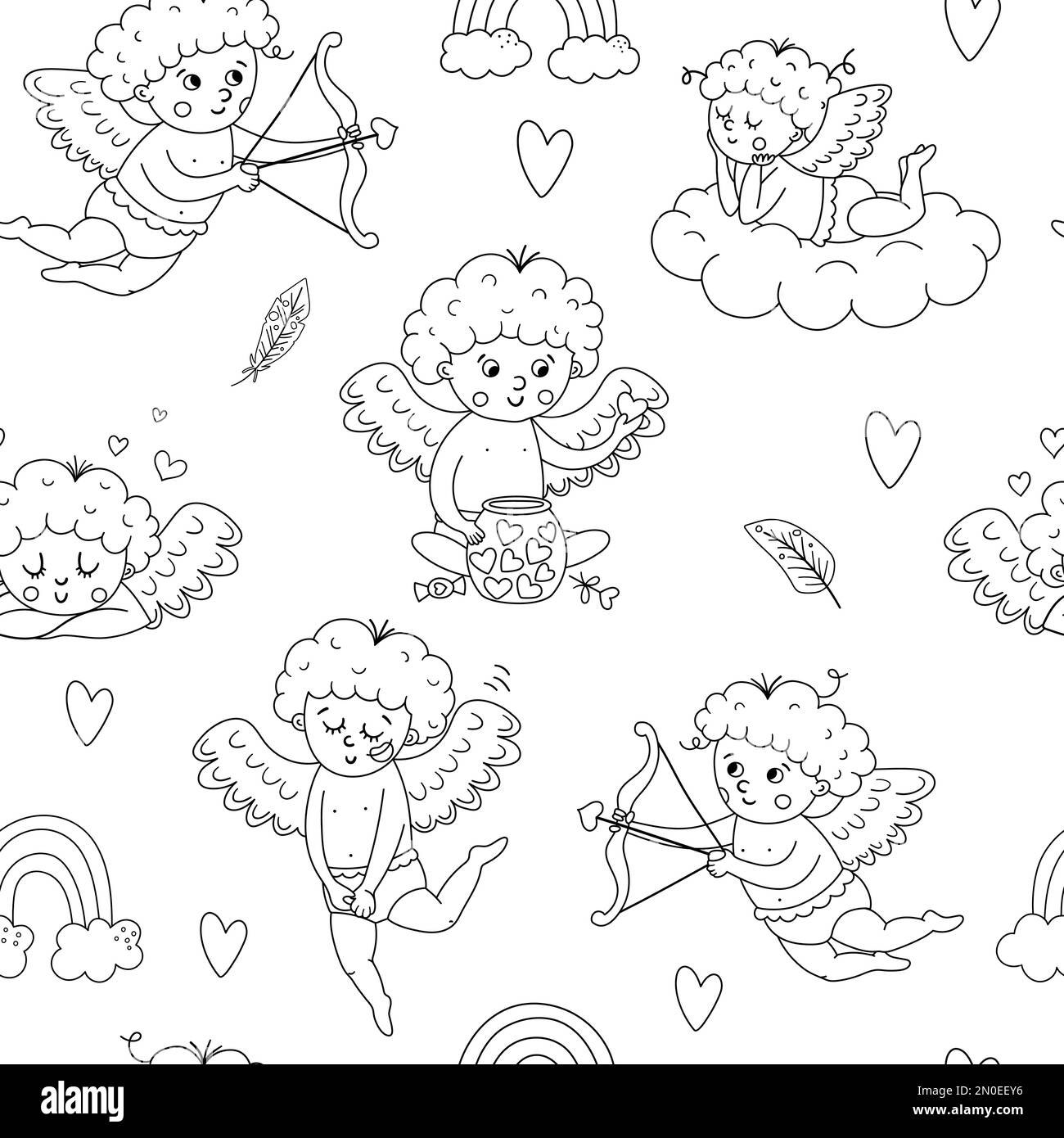 Nahtloses Vector-Schwarz-Weiß-Muster mit süßen Muscheln. Sich wiederholender Hintergrund mit lustigen Valentinstagsfiguren. Digital Paper with love Concept (Digitalpapier mit Liebe). Stock Vektor