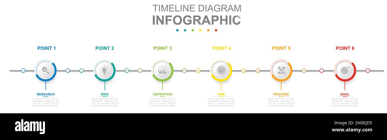 Infografik für Geschäftsvorlage. Modernes Zeitleistendiagramm mit 6 Schritten und Titelkreisthemen. Konzeptpräsentation. Stock Vektor