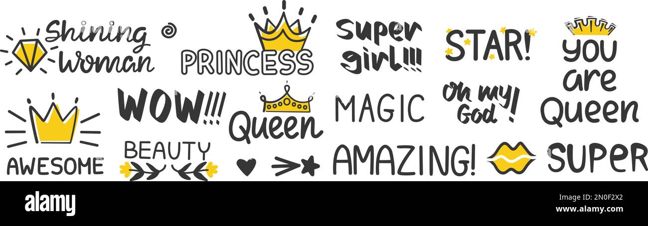Positive Schrift für Mädchen. Sticker Phrasen Königin, Prinzessin, Schönheit mit Kritzelkrone, Herz, Sternen. Handgeschriebenes Dekor-Set Stock Vektor