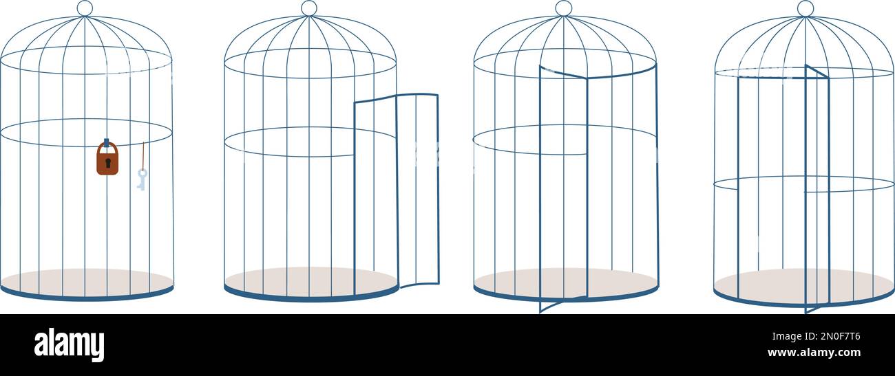 Verschiedene offene und geschlossene Käfige, mit Schloss und Schlüssel. Ausgekleideter Käfig für Tiere oder Vögel. Einschränkung der Freiheit und Rechte Vektormetapherelemente Stock Vektor
