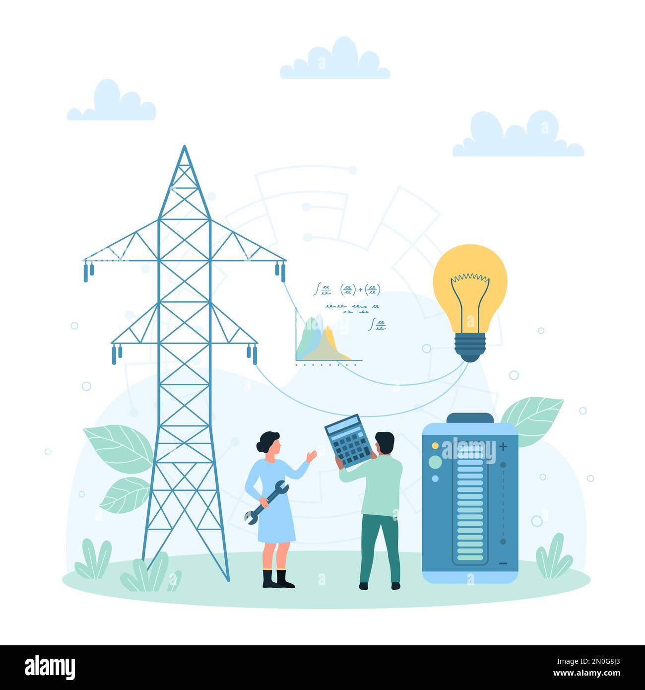 Vektordarstellung der Stromerzeugung und -Verteilung. Cartoon winzige Leute verbinden Glühbirne, Batterie mit Hochspannungsleitung auf Stahlturm über Kabel, Elektrizitätsinfrastruktur Stock Vektor