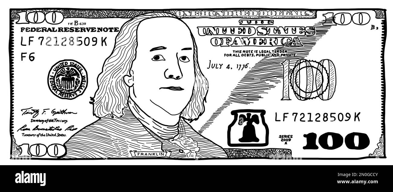 Zeichentrickfilm, handgezogene 100-Dollar-Banknote für Designzwecke Stockfoto