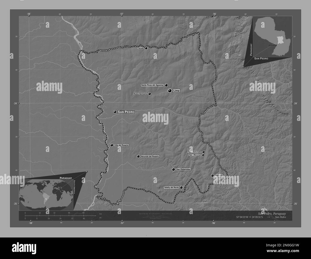 San Pedro, Departement Paraguay. Bilevel-Höhenkarte mit Seen und Flüssen. Standorte und Namen der wichtigsten Städte der Region. Ecken-Zusatzgerät, niedrig Stockfoto