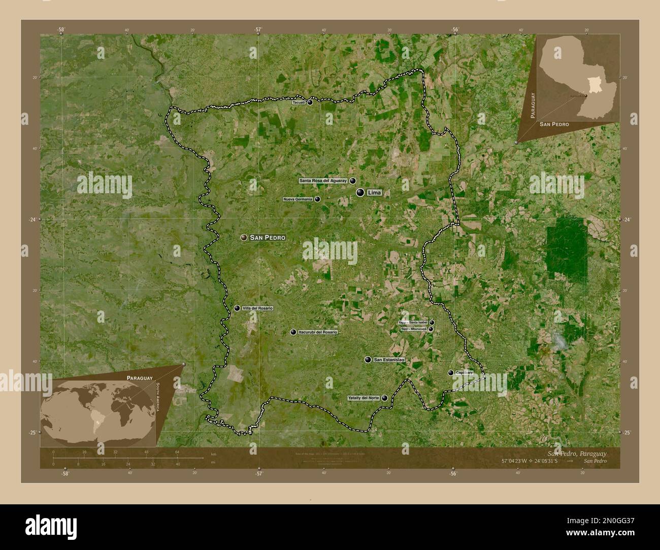 San Pedro, Departement Paraguay. Satellitenkarte mit niedriger Auflösung. Standorte und Namen der wichtigsten Städte der Region. Eckkarten für zusätzliche Standorte Stockfoto