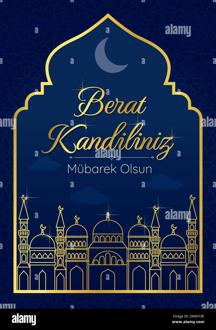 Muslimischer Urlaub Berat Kandili. Vektorkonzept der heiligen islamischen Nacht. Übersetzung islamische heilige Nacht. Karte mit einer linearen goldenen Silhouette der Moschee Stock Vektor