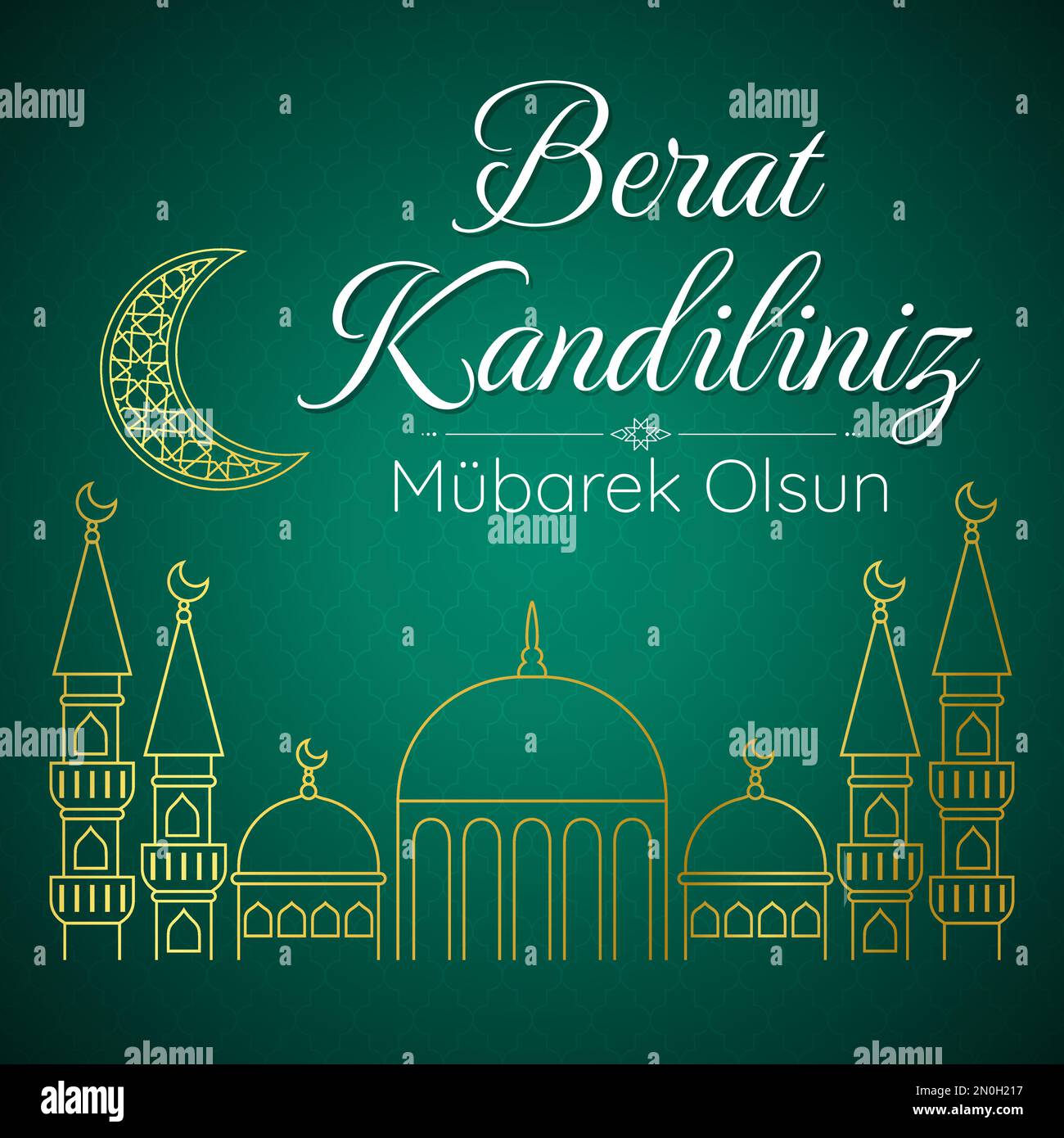 Muslimischer Urlaub Berat Kandiliniz. Vektorkonzept der heiligen islamischen Nacht. Mubarec olsun. Karte mit goldener linearer Silhouette der Moschee. Vektorkonzept Stock Vektor