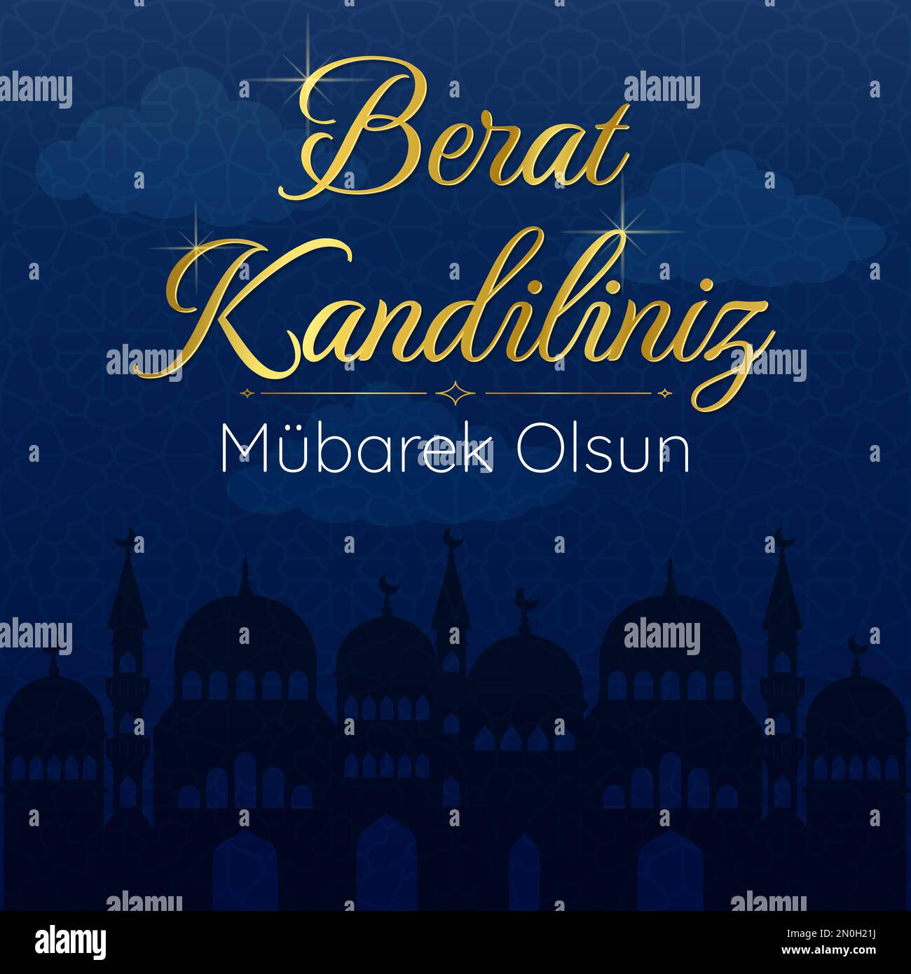 Muslimischer Feiertag. Vektorkonzept der islamischen heiligen Nacht Berat Kandiliniz. Mubarec olsun. Übersetzung islamische heilige Nacht. Karte mit dunkler Silhouette des Stock Vektor