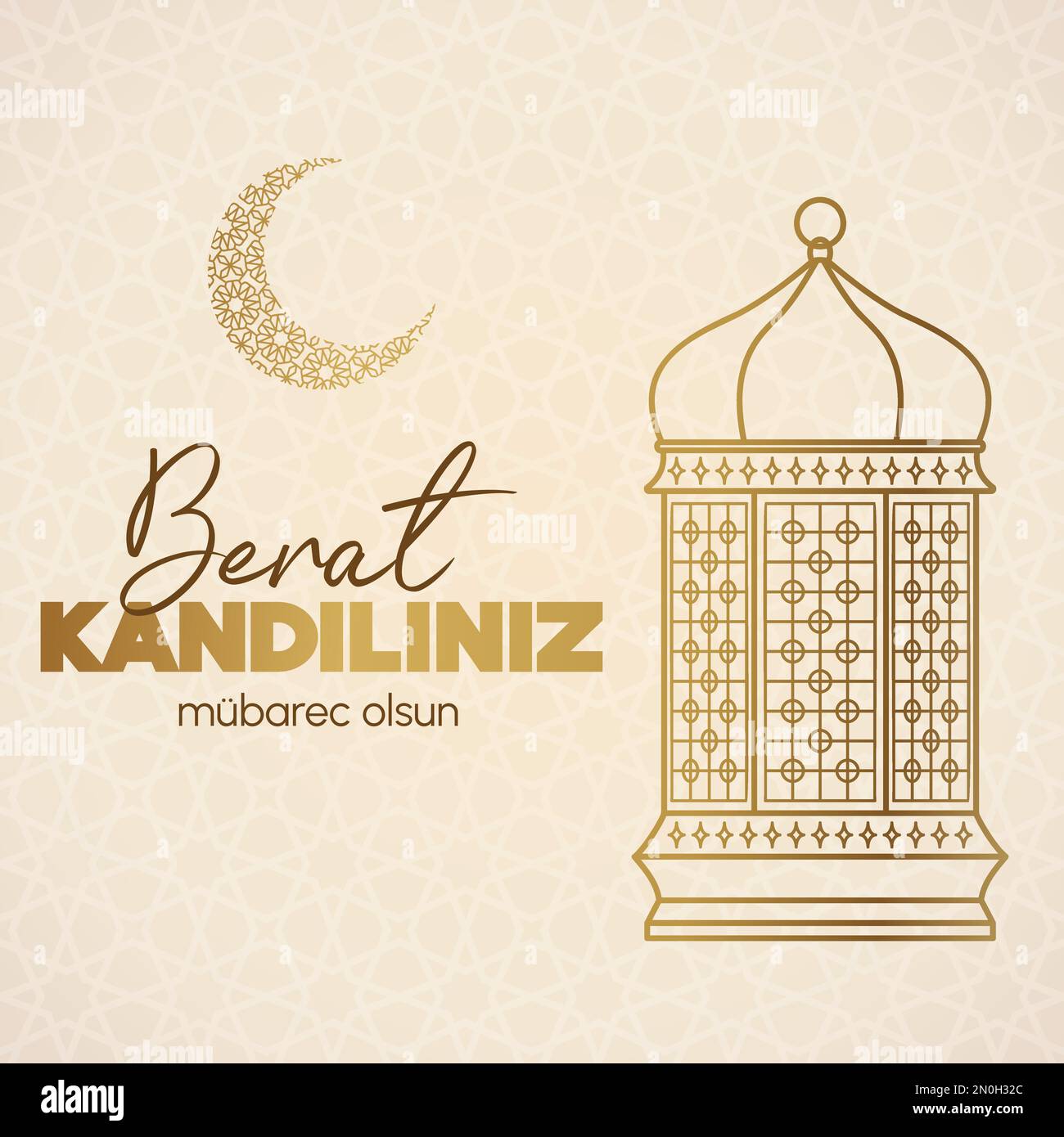 Muslimischer Feiertag. Vektorkonzept der islamischen heiligen Nacht Berat Kandiliniz. Karte mit Laterne und Halbmond mit arabischem Muster. Vektor auf hellbeige Stock Vektor