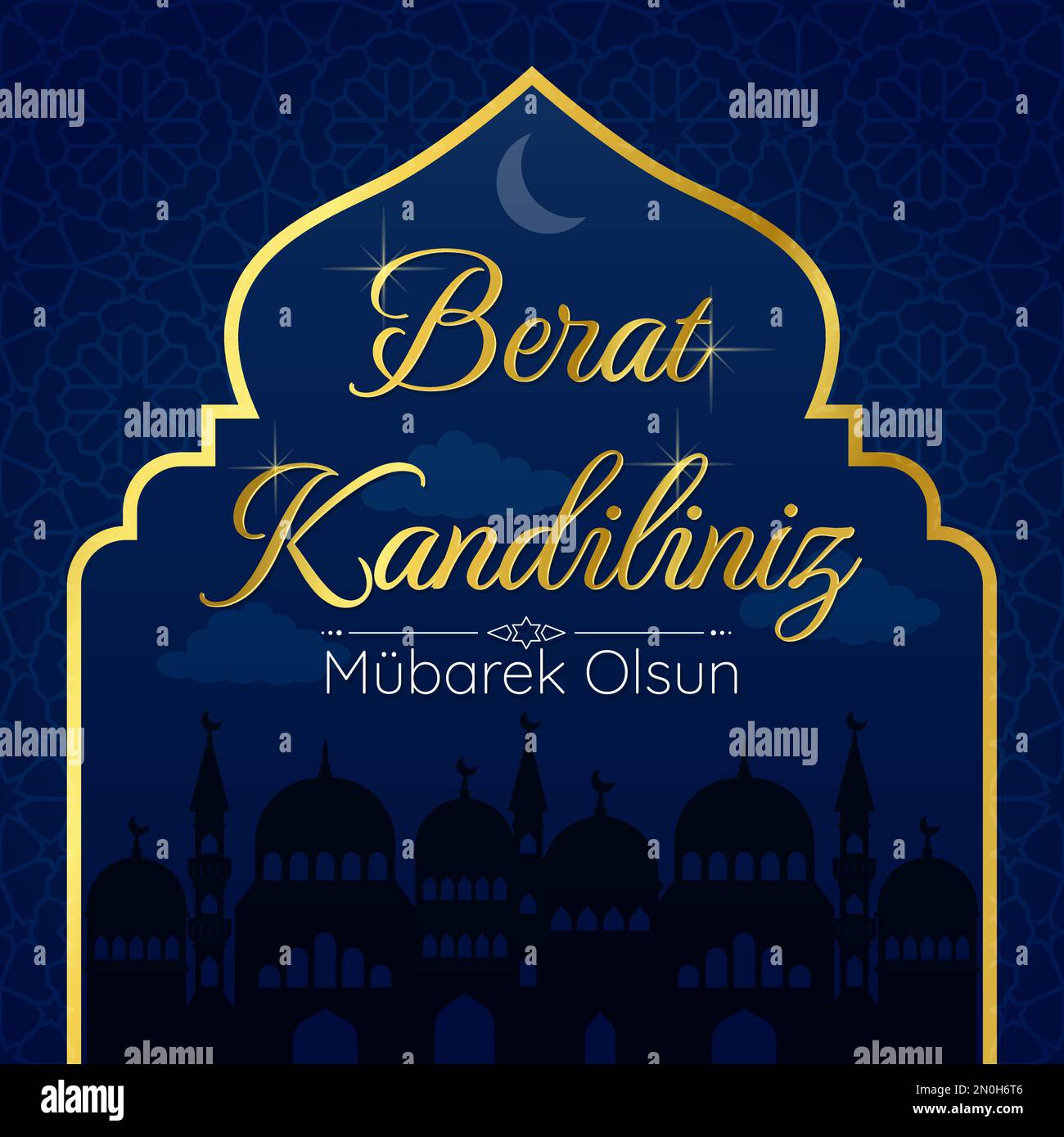 Berat Kandiliniz Moslem Holiday. Vektorkonzept der heiligen islamischen Nacht. Karte mit arabischem Muster und Silhouette der Moschee. Vektorkonzept auf dunklem B Stock Vektor