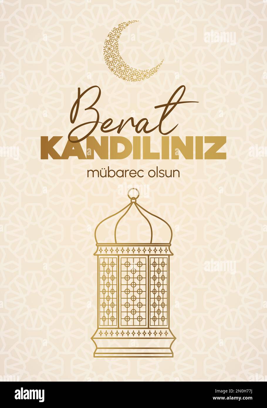 Muslimischer Feiertag. Vektorkonzept der islamischen heiligen Nacht Berat Kandili. Vertikale Karte mit Laterne und Halbmond mit arabischem Muster. Vektor ein Licht Stock Vektor