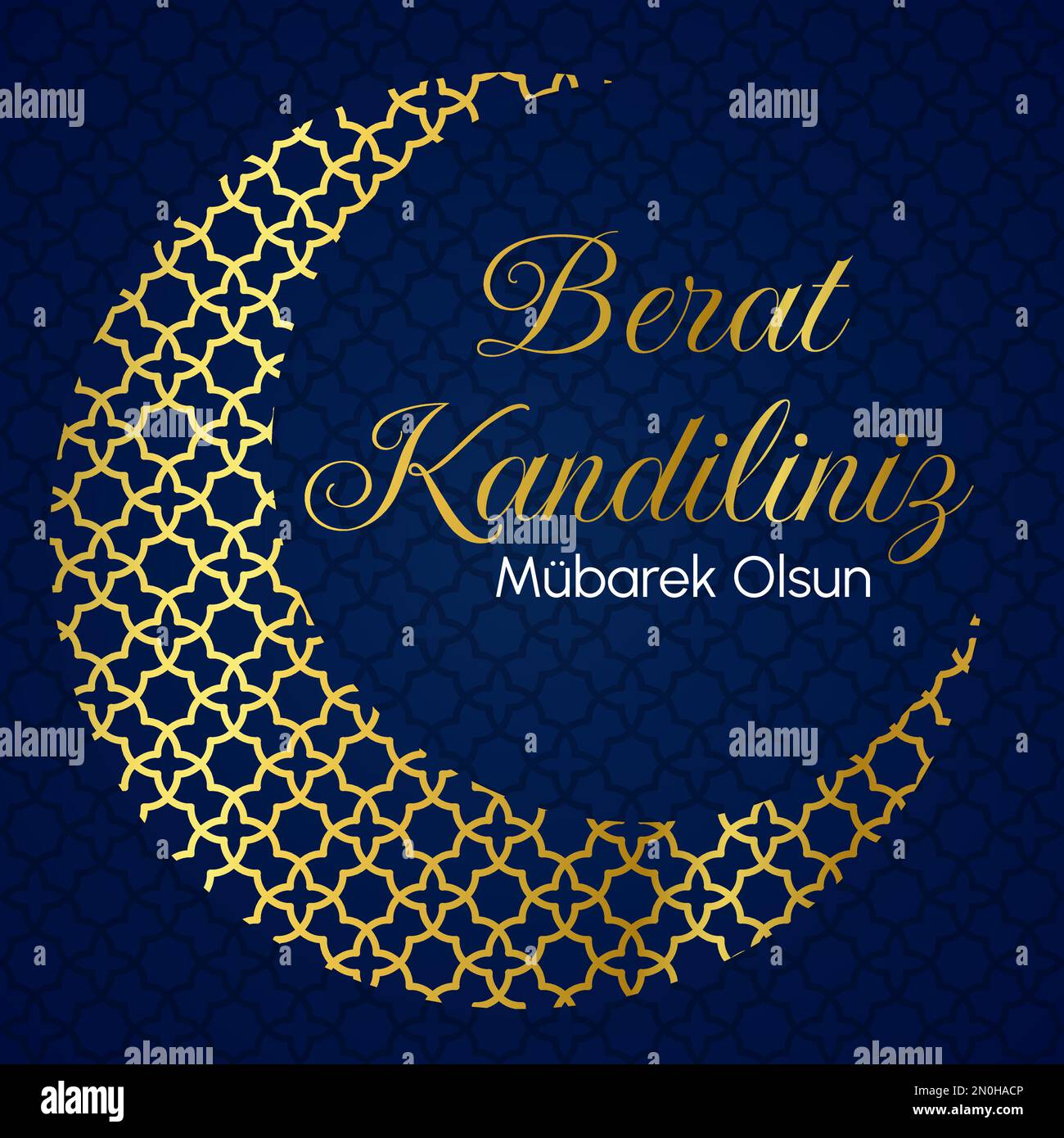 Muslimischer Urlaub Berat Kandil. Vektorkonzept der Karte für die heilige islamische Nacht. Silhouette aus goldenem Halbmond mit arabischem Muster auf dunkelblauem Gradi Stock Vektor