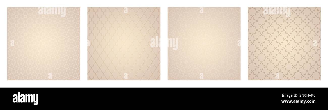 Set aus hellem beigefarbenem verlaufendem Hintergrund mit arabischen Mustern. Hintergrund Des Arabischen Mosaik-Ornaments. Muslimische Dekoration. Ramadan Kareem, Berat Kandil Islam Stock Vektor