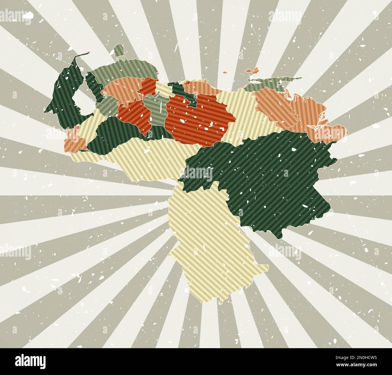 Venezolanische Vintage-Karte. Grunge-Poster mit Landkarte in Retro-Farbpalette. Form Venezuelas mit Sonnenstrahlen Hintergrund. Stock Vektor