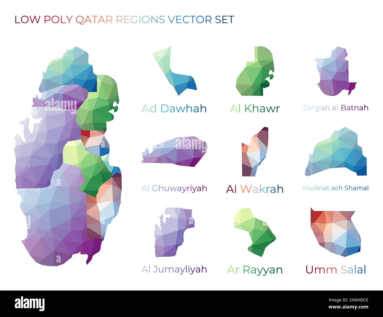 Niedrige Poly-Regionen in Katar. Polygonale Karte von Katar mit Regionen. Geometrische Karten für Ihr Design. Authentische Vektordarstellung. Stock Vektor
