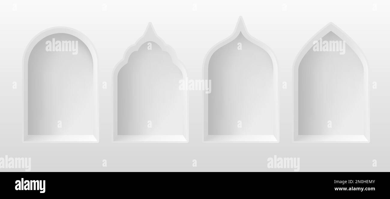 3D arabische Bögen. Weißer realistischer islamischer Bogen, arabische Tür oder Fenster im Inneren des Schlosses oder der Moschee, Rahmen für muslimische ramadan eid-Karte Papierform geniale Vektordarstellung eines islamischen Rahmenfensters Stock Vektor