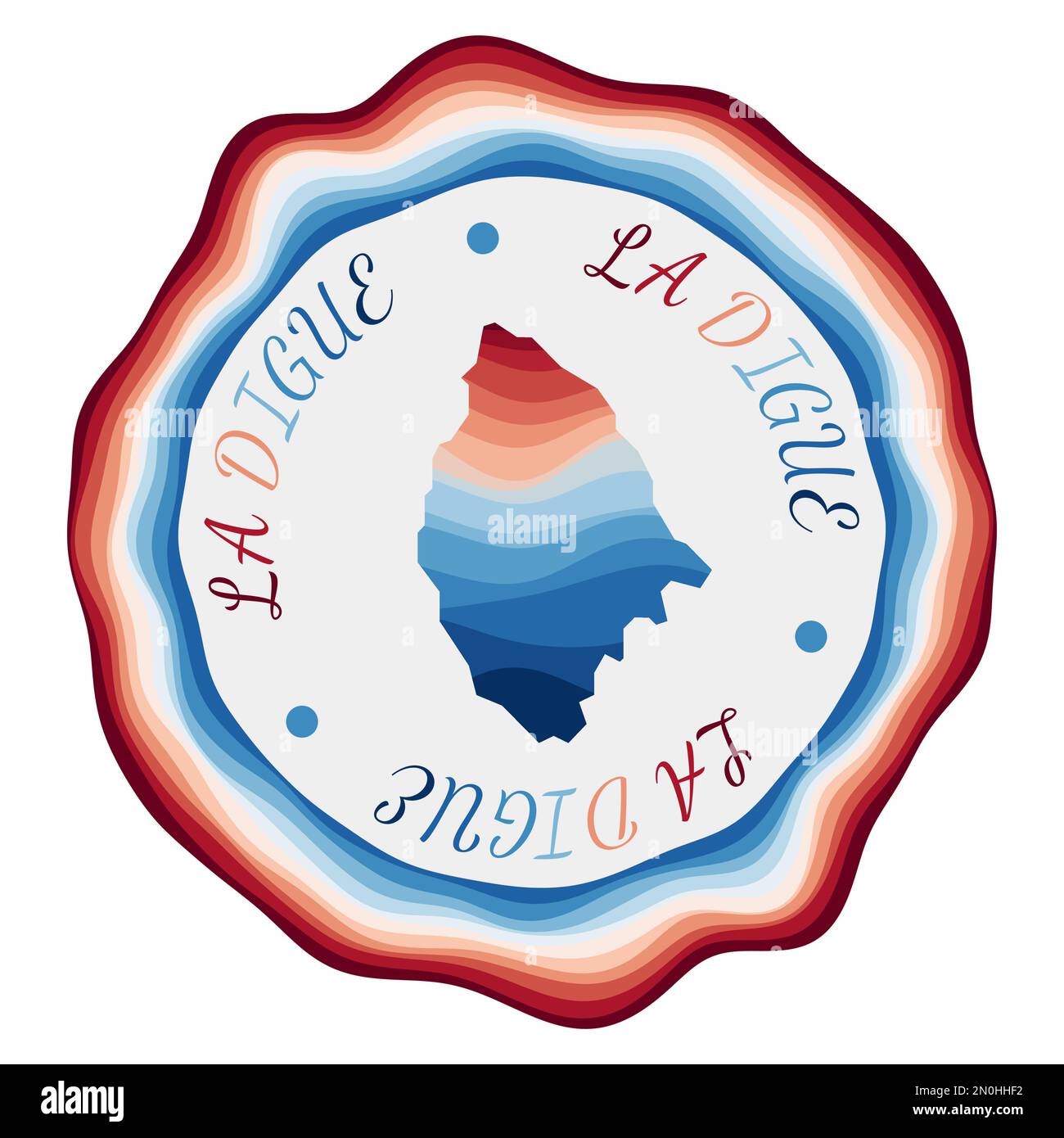 La Digue-Abzeichen. Karte der Insel mit wunderschönen geometrischen Wellen und leuchtend rotem blauem Rahmen. Leuchtendes rundes La Digue Logo. Vektordarstellung. Stock Vektor
