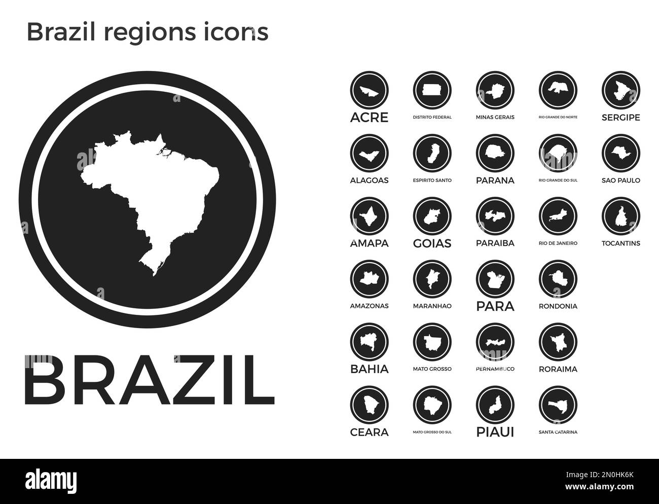 Symbole für brasilianische Regionen. Schwarze runde Logos mit Karten und Titeln der jeweiligen Region. Vektordarstellung. Stock Vektor