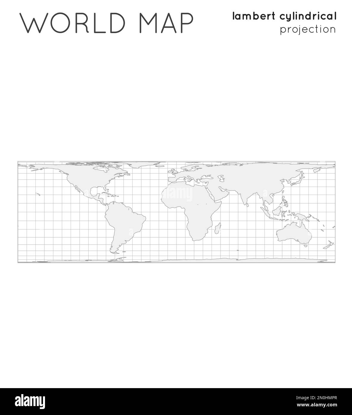 Weltkarte. Kugel in zylindrischer lambert-Projektion mit gleicher Fläche, mit Rasterlinien. Darstellung des Konturvektors. Stock Vektor
