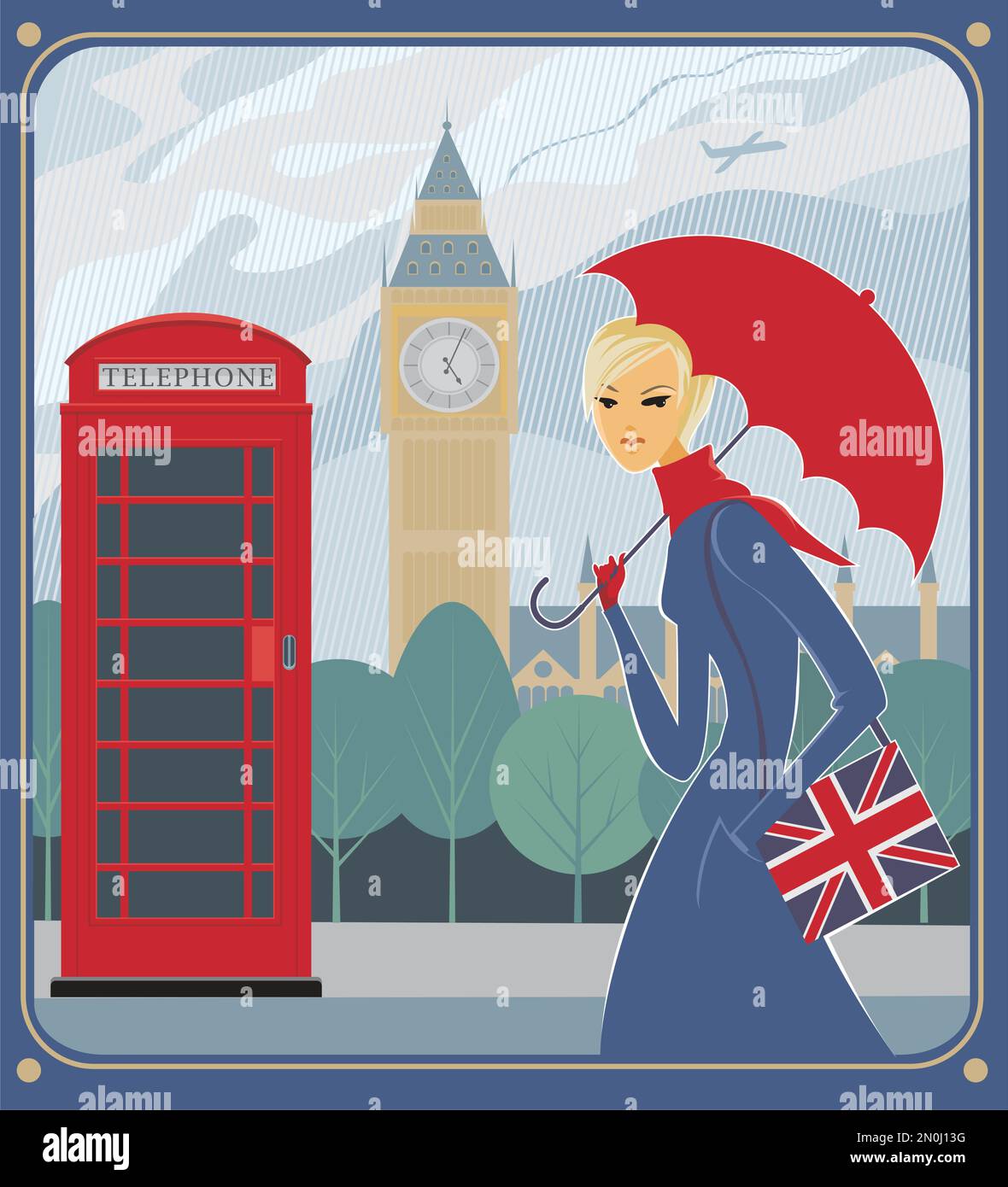 Ein junges Mädchen, das unter dem Regen in London spaziert. Eine rote Telefonzelle und Elizabeth Tower mit Big Ben im Hintergrund Stock Vektor