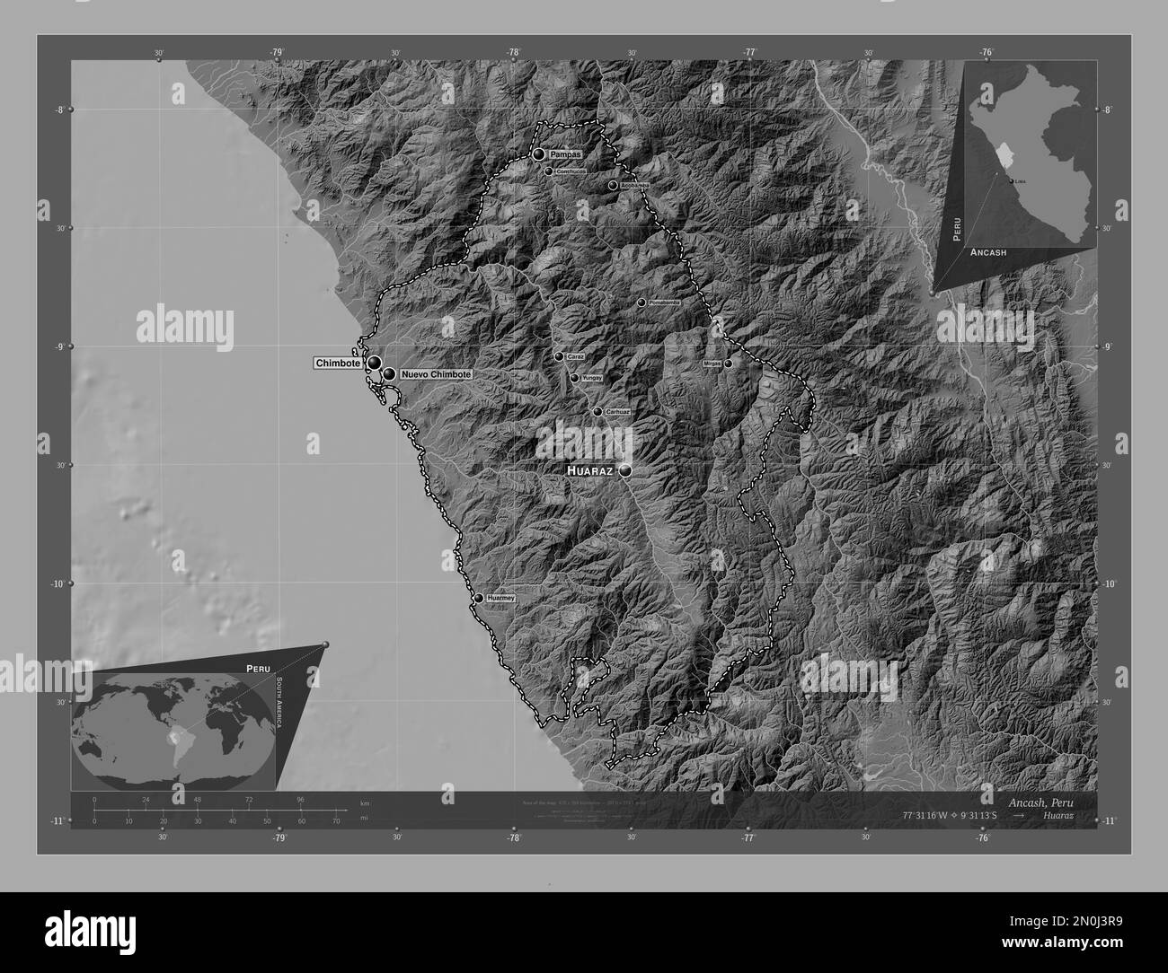 Ancash, Region Peru. Bilevel-Höhenkarte mit Seen und Flüssen. Standorte und Namen der wichtigsten Städte der Region. Eckkarten für zusätzliche Standorte Stockfoto