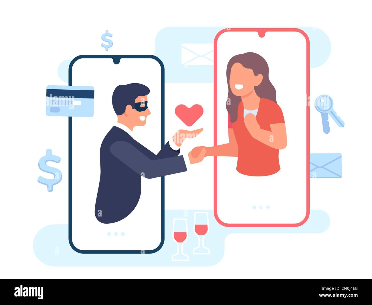 Der Mann kommuniziert auf der Dating-Seite mit einer Frau, um sie zu täuschen und das Vertrauen auszunutzen. Romantische Smartphone-App. Cyber-Betrug. Liebhaber mobil Stock Vektor
