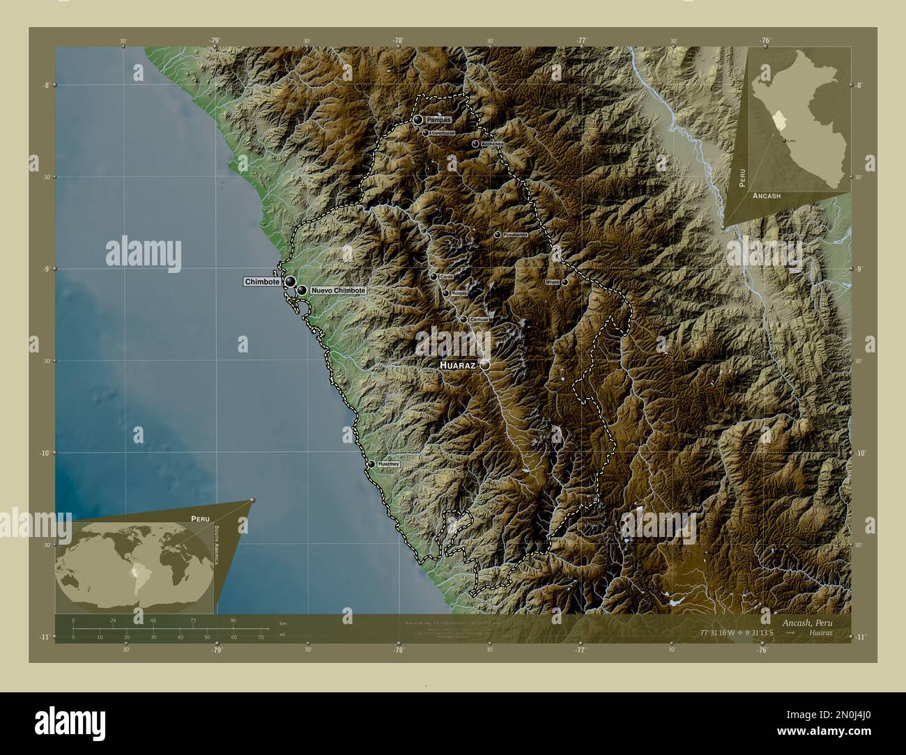 Ancash, Region Peru. Höhenkarte im Wiki-Stil mit Seen und Flüssen. Standorte und Namen der wichtigsten Städte der Region. Ecken-Zusatzgerät Stockfoto