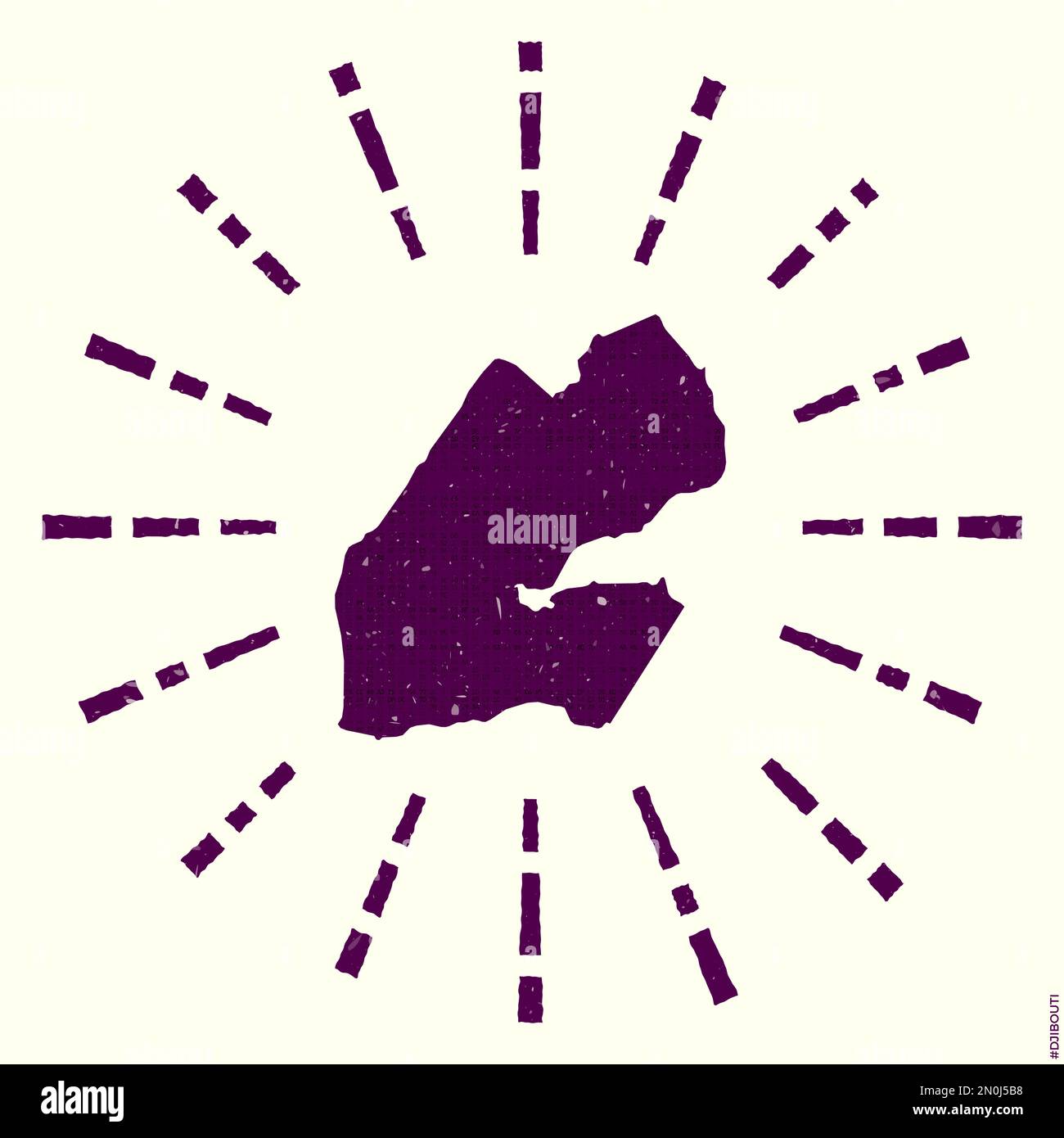 Dschibuti-Logo. Grunge Sunburst Poster mit Landkarte. Form von Dschibuti gefüllt mit Hexziffern mit Sonnenstrahlen. Stock Vektor