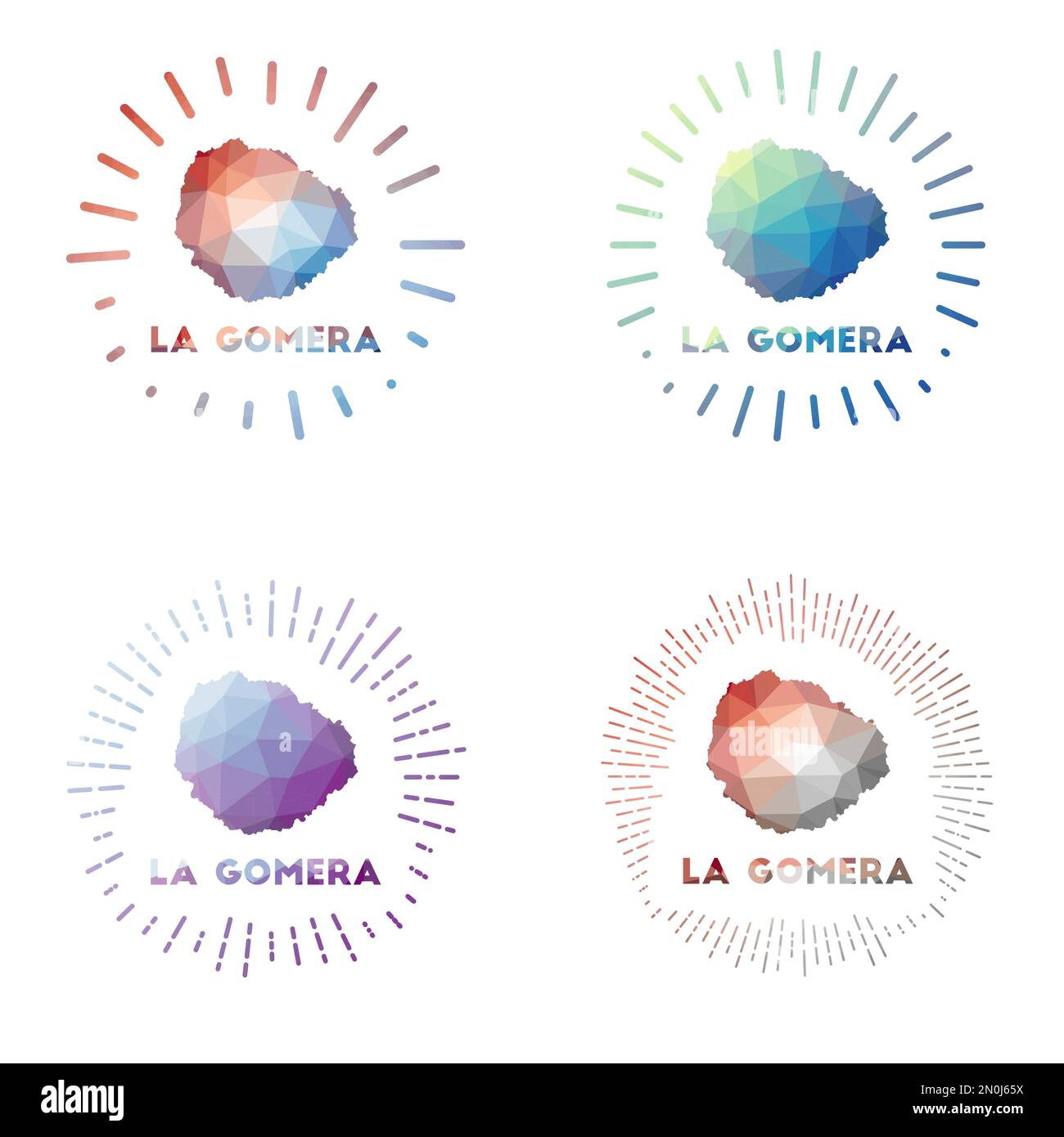 La Gomera Sonnenaufgang mit niedrigem Poly-Effekt. Logo der Insel im geometrischen Polygonstil. Vektordarstellung. Stock Vektor